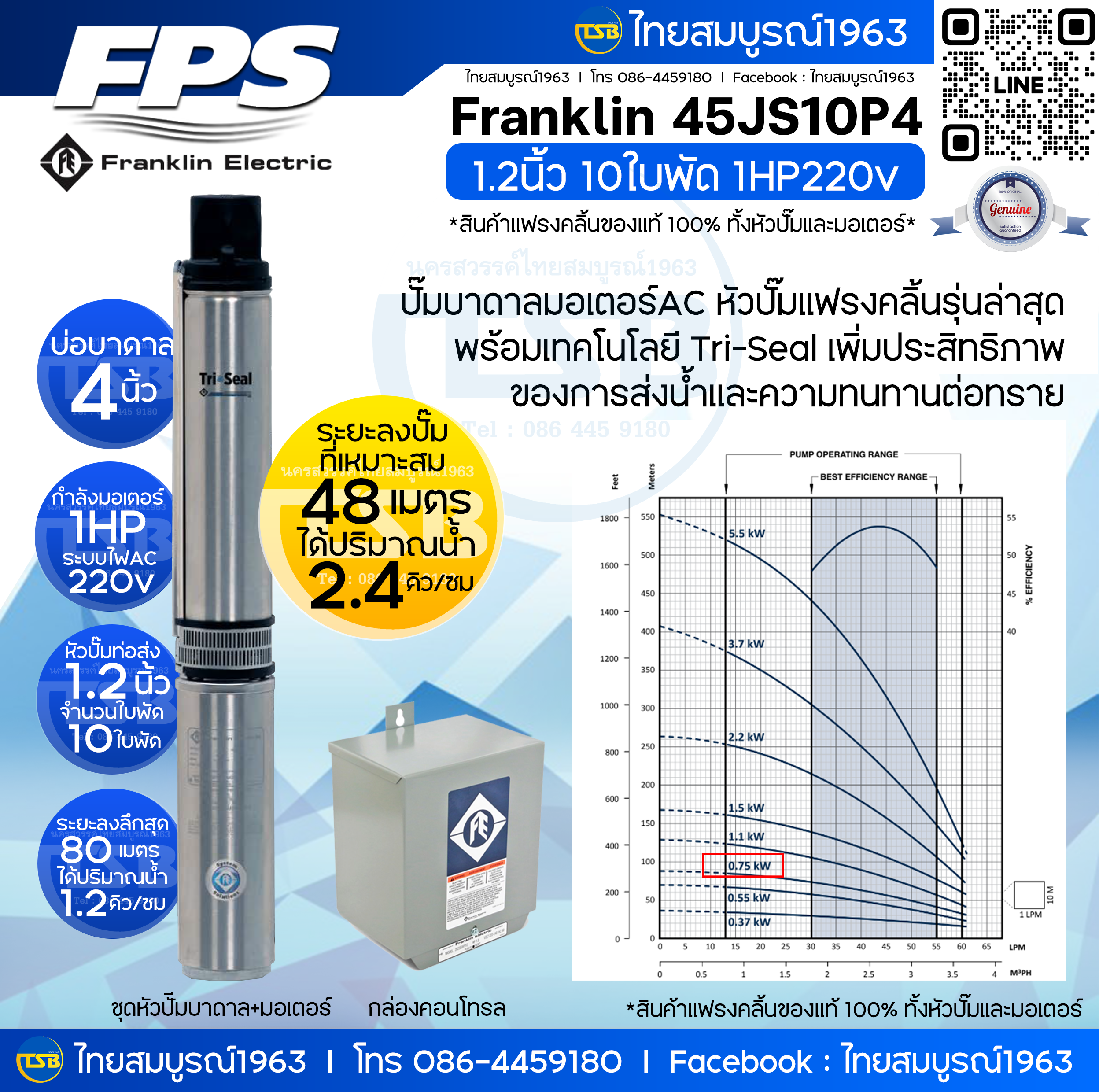 [SP-FD] ปั๊มบาดาล Franklin 1.2นิ้ว10ใบพัด 1hp220v - รุ่น 45JS10P4