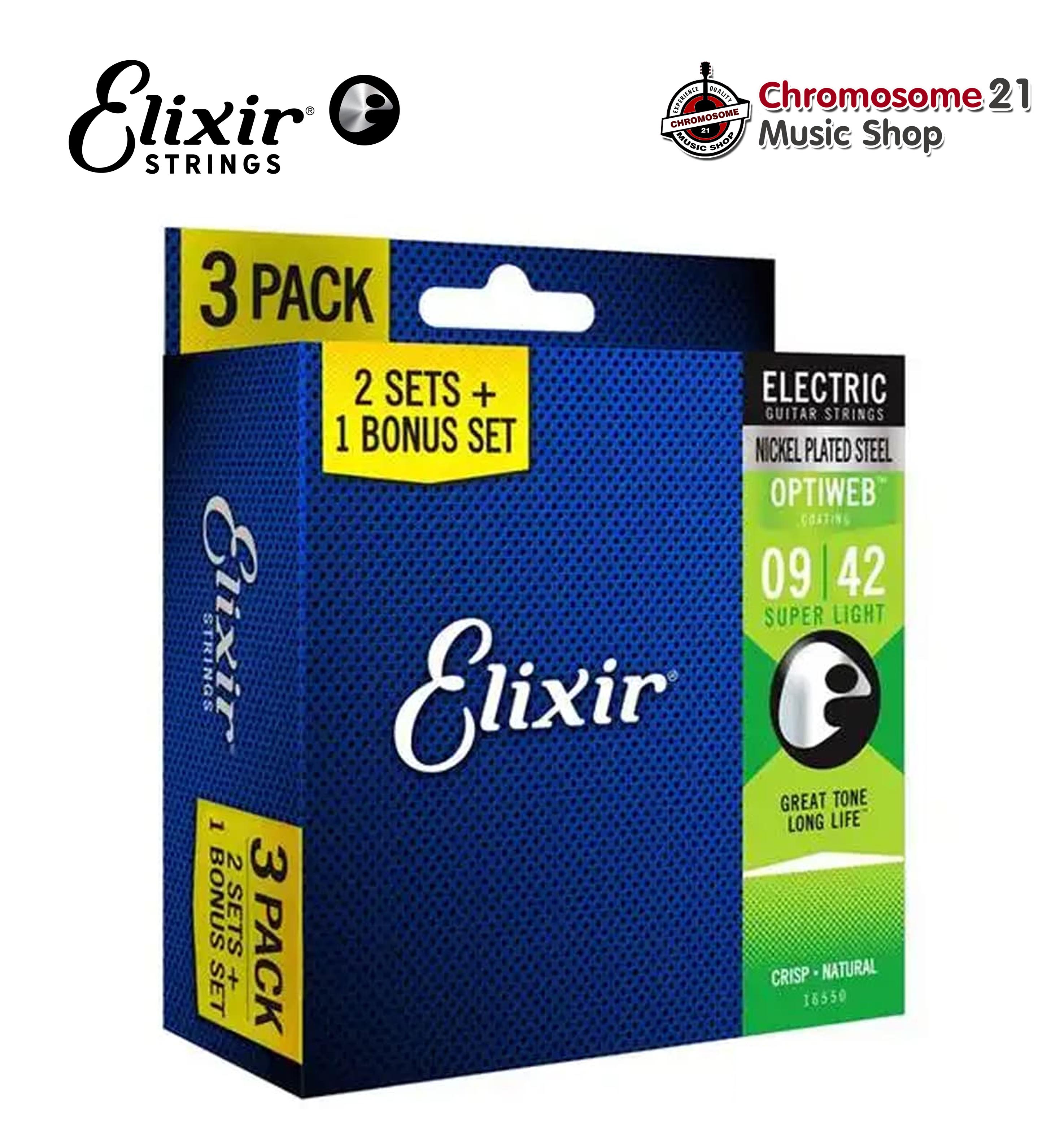 สายกีตาร์ไฟฟ้า แพ็ค3ชุด Elixir Strings Nickel Electric Guitar Strings with Optiweb Super Light .09 –.042 (3 Set Pack below)