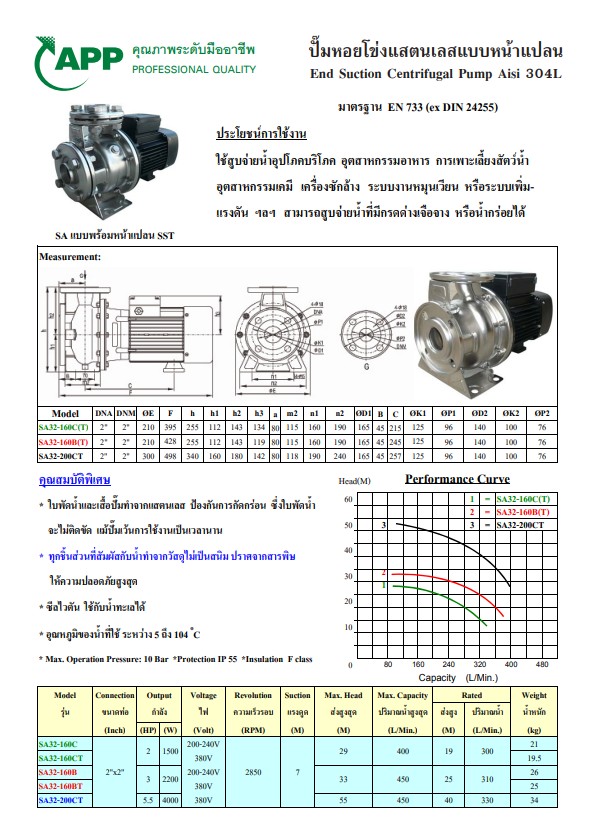 [FS-JC] ปั๊มน้ำแสตนเลส ARWANA รุ่น SA30-160B - 2x2นิ้ว 3แรงม้า(2200w) 220v หัวปัีมสแตนเลส ใบพัดสแตนเลส