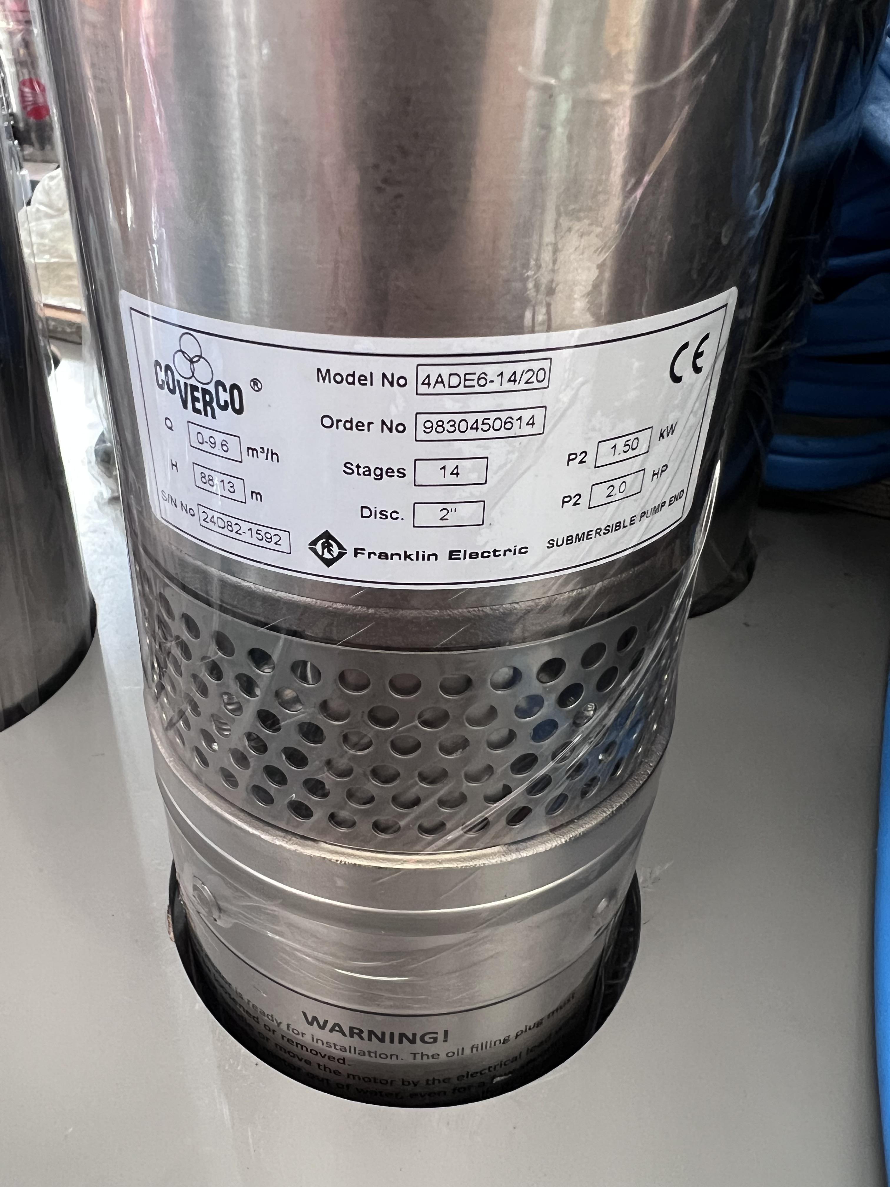 [SM-FD] ปั๊มบาดาล Franklin(Coverco) - ท่อส่ง2นิ้ว 2แรงม้า 14ใบพัด ระบบไฟ1เฟส220v - รุ่น 4ADE6-14-20 สำหรับบาดาลขนาดบ่อ4นิ้วขึ้นไป