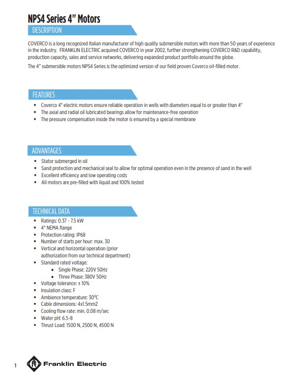 [SM-FD] ปั๊มบาดาล Franklin(Coverco) - ท่อส่ง2นิ้ว 2แรงม้า 14ใบพัด ระบบไฟ1เฟส220v - รุ่น 4ADE6-14-20 สำหรับบาดาลขนาดบ่อ4นิ้วขึ้นไป