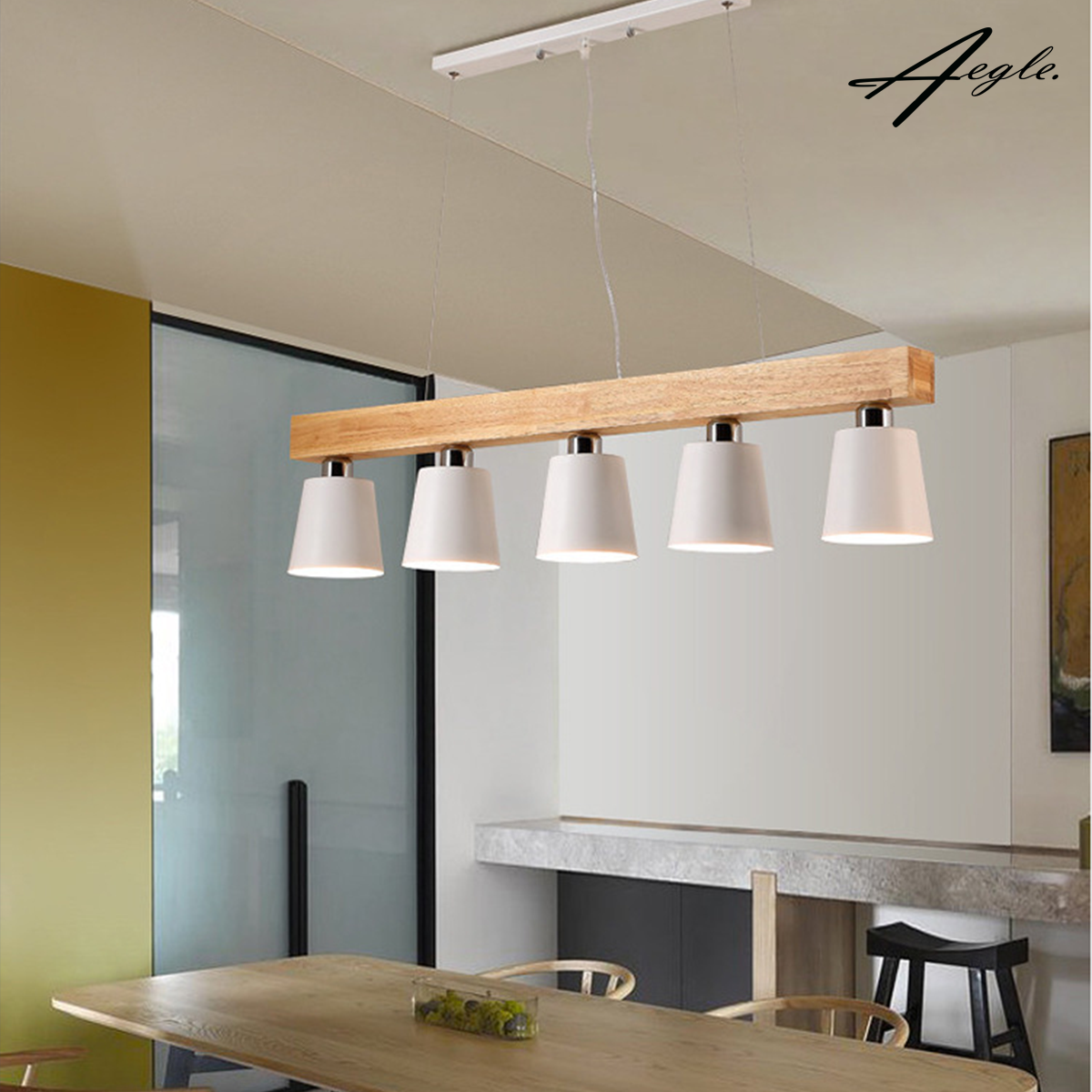 โคมไฟห้อยเพดาน คานไม้เนื้อแข็ง โต๊ะอาหาร 5โคม