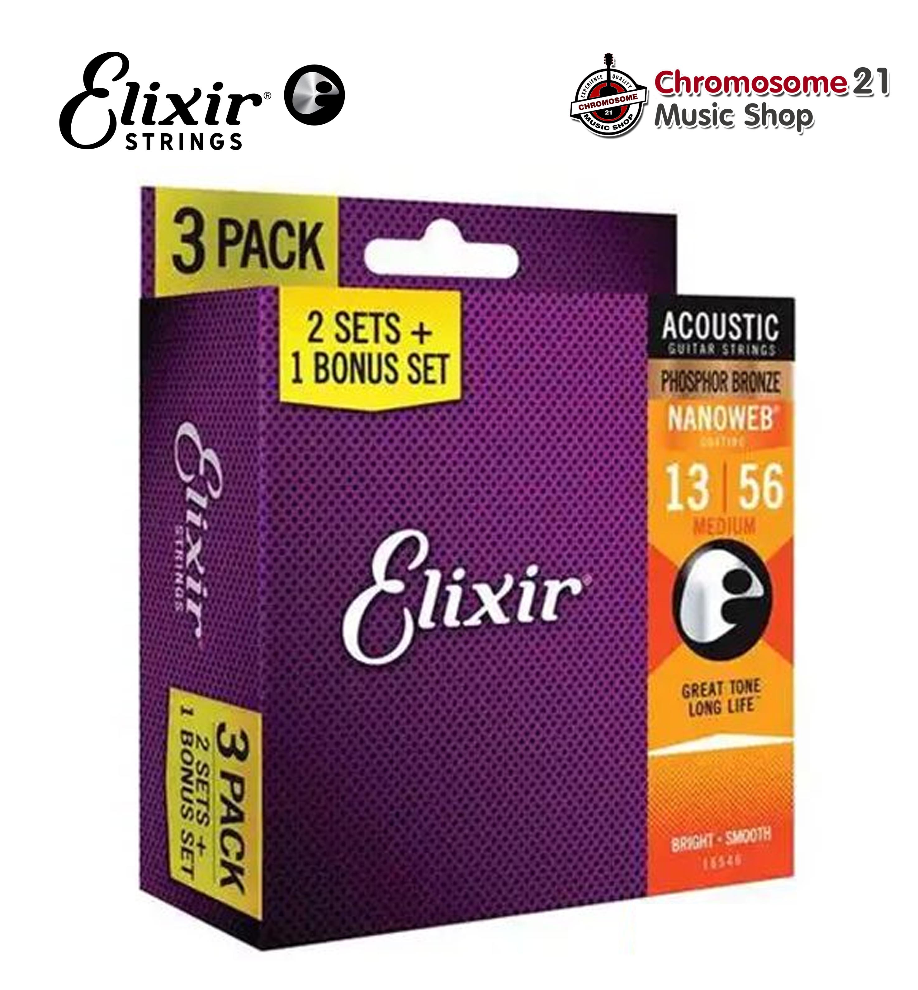 สายกีตาร์โปร่ง แพ็ค3ชุด Elixir Strings Acoustic Guitar Strings Phosphor Bronze Nanoweb (Medium .013) Bonus Pack 3 Set
