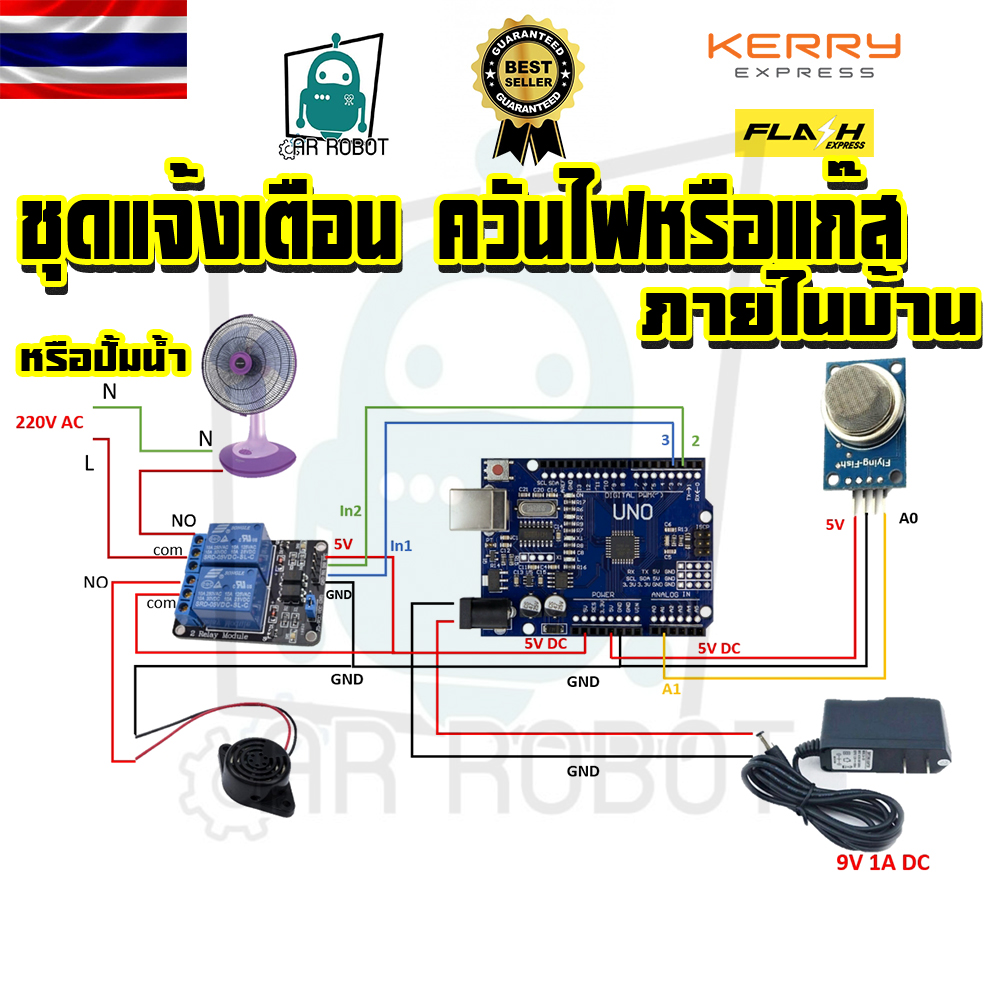 ชุดแจ้งเตือนควันไฟหรือแก๊สภายในบ้าน มีเสียงเตือน หรือเปิดปั้มน้ำดับไฟ อัตโนมัติ มินิโปรเจค