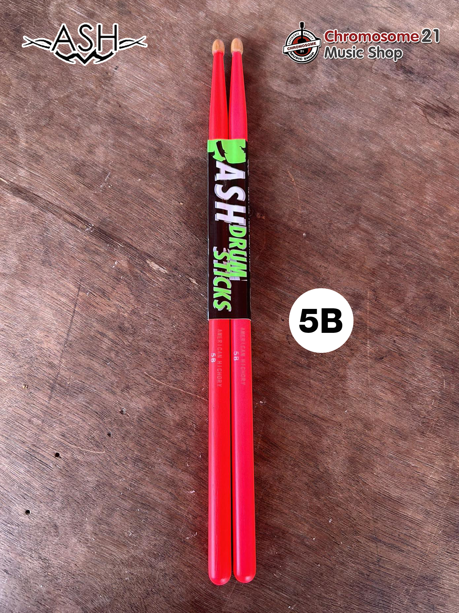 ไม้กลอง ASH ขนาด สี Neon ขนาด 5B สีเชมพูสะท้อนแสง ผลิตจากไม้ Amarican Hickory เกรด Premium น้ำหนักมาตราฐาน ไม่หักง่าย