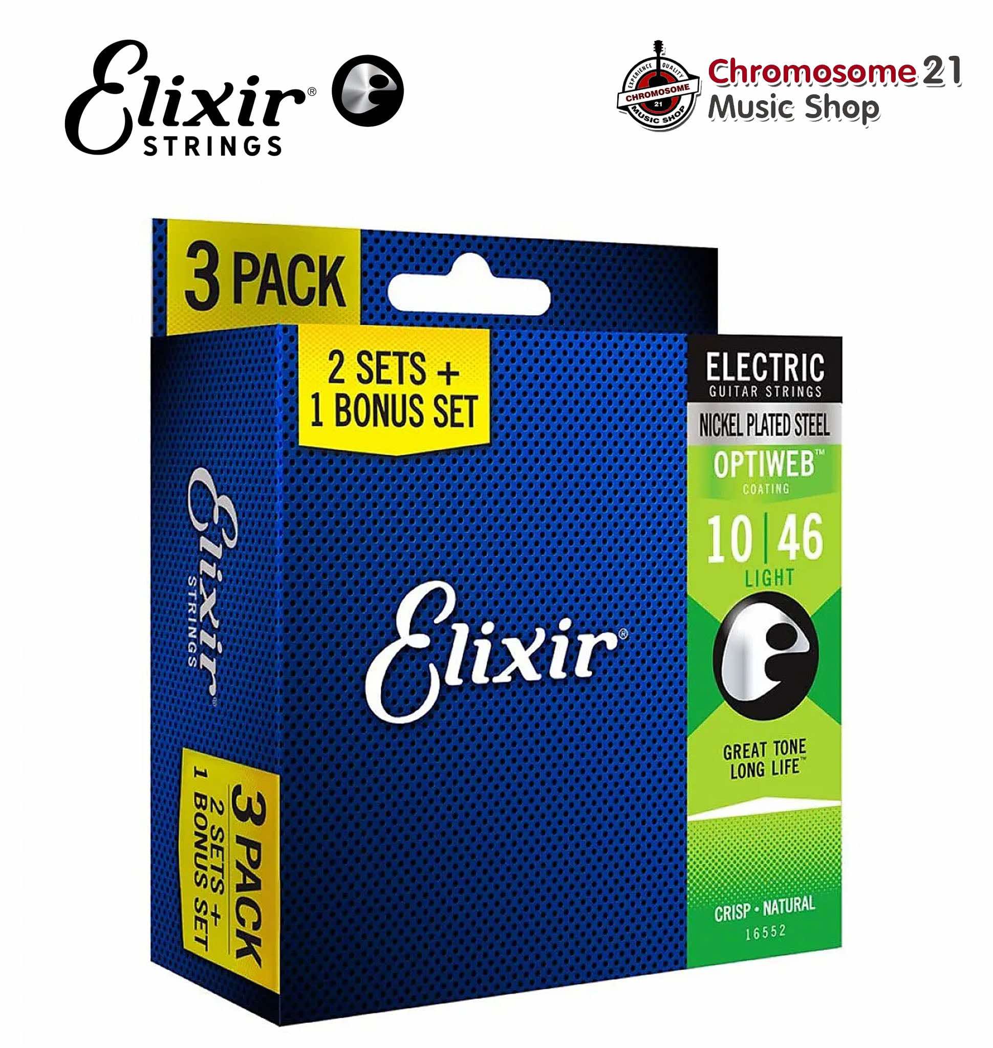 สายกีตาร์ไฟฟ้า แพ็ค3ชุด Elixir Strings Nickel Electric Guitar Strings with Optiweb Coating, 3-Pack, Light (010-046) (สายเคลือบป้องกันสนิม)