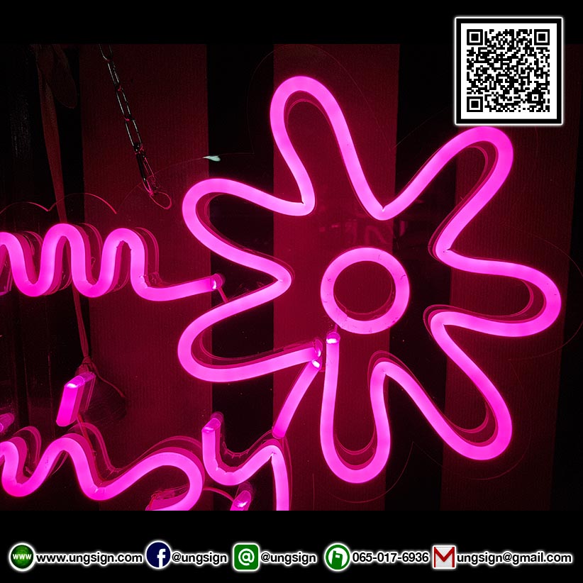 ป้ายไฟ นีออนเฟรค NeonFlex "Blossom Daisy" ไฟสีชมพู ติดลงบนอะคริลิคใส รับผลิตตามรูปแบบที่ต้องการ