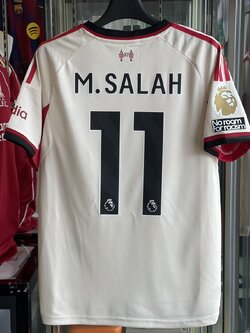 มาใหม่เสื้อฟุตบอล ลิเวอร์ เยือน สีขาว ชื่อ เบอร์ อามพรีเมียร์ M.SALAH # 11 Fans Edition เกรดแฟนบอล 2025